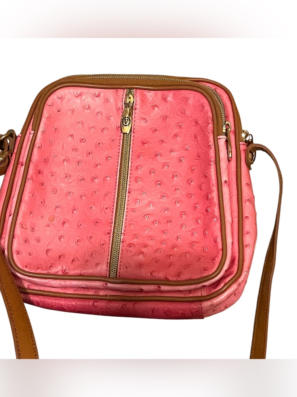 Pink Valentina Faux-Ostrich Travel crossbody Bag with Brown Trim